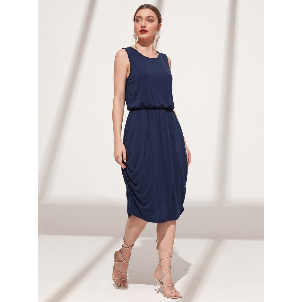Olive + Oak Sleeveless Ruched Midi Dress‎ Small Navy Blue Keyhole Back LV9S71110